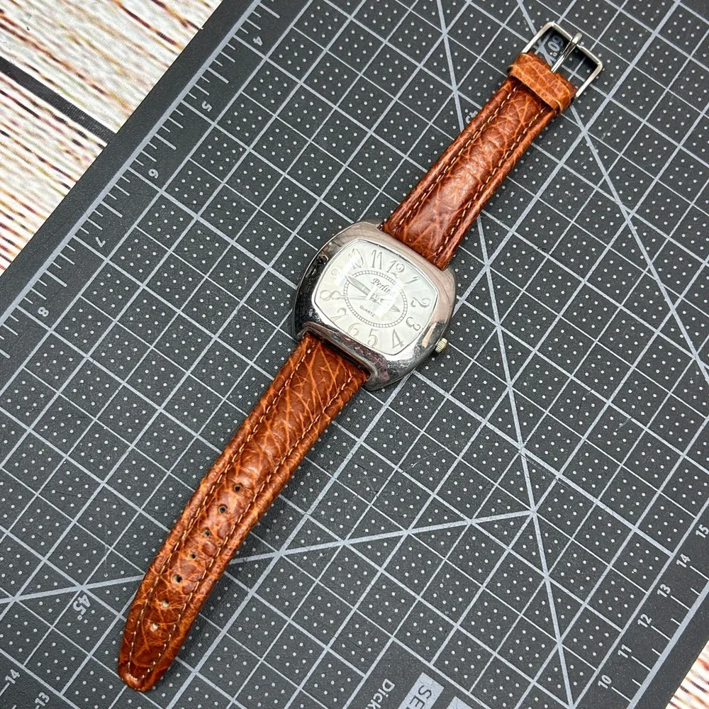 Perlina Quartz Watch Silver Tonneau Case‎ Brown Leather Strap Japan Movt
